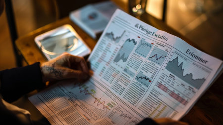 A person reading the financial section of a newspaper, focusing on the stock market updates and company performances.の素材