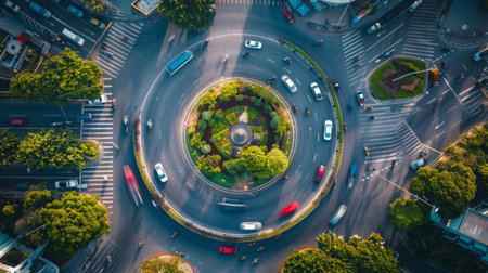 A roundabout with cars and motorcycles navigating the circular intersection, highlighting different traffic management systems.の素材