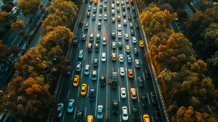 A traffic jam on a major road, with rows of cars bumper to bumper, highlighting the challenges of congestionの素材
