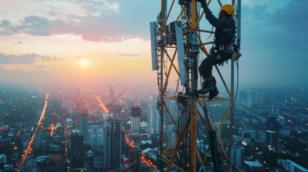 A telecommunications engineer climbing a tall cellphone tower, performing maintenance with a cityscape in the background.の素材