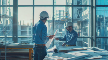 A structural engineer analyzing building plans and discussing potential improvements with colleagues.の素材