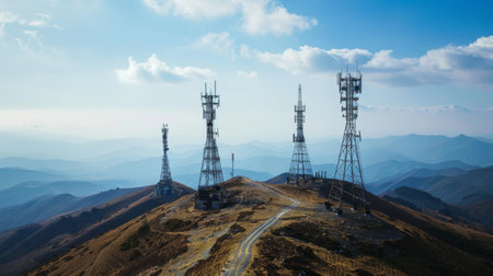 A wide-angle shot of multiple cellphone towers on a mountain range, providing extensive coverage across the area.の素材