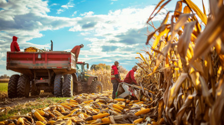 A group of farm workers harvesting corn cobs and loading them onto a tractor trailer for transport.の素材