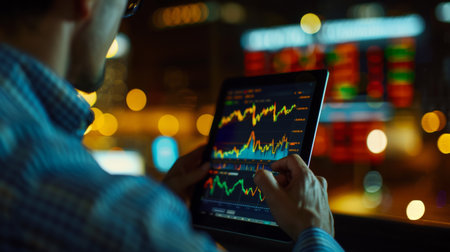 A trader analyzing gold price movements on a tablet, with technical indicators and trading signals displayed on-screen.の素材