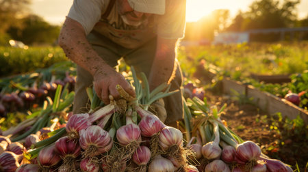 A farmer harvesting bundles of red garlic in a sunlit garden, showcasing organic farming and sustainable agriculture.の素材