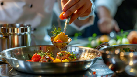 A beautifully plated meal being prepared in a saucepan, with vibrant colorsの素材