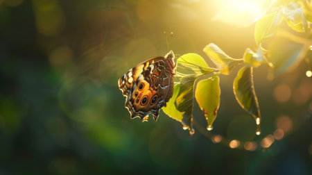 A butterfly emerging from its chrysalis, wings still unfolding in the morning lightの素材