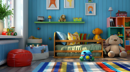 A child's bedroom decorated with colorful toys, books, and a small bedの素材