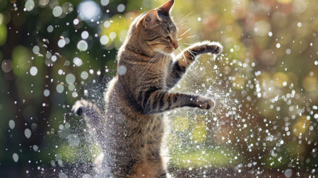 A cat playing with a water sprinkler on a sunny day, jumping around in the sprayの素材