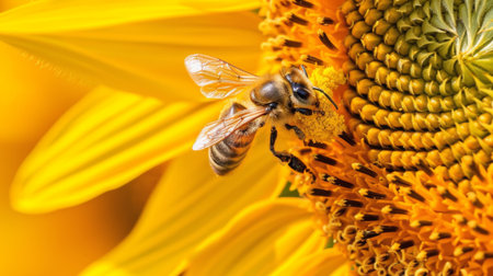 A close-up of a bee collecting pollen from a vibrant yellow sunflowerの素材