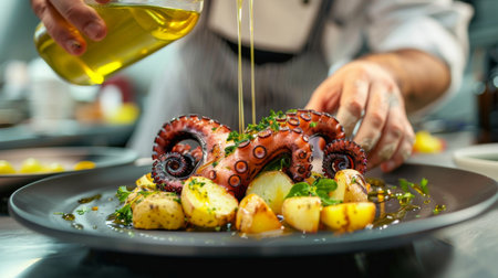 A chef plating grilled octopus with potatoes and drizzling olive oilの素材