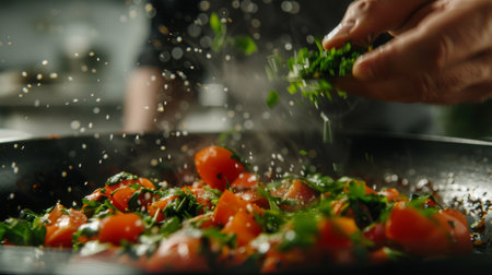 A close-up of a hand sprinkling fresh herbs over a finished dishの素材