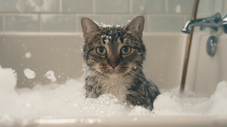 A cat standing in a shallow bathtub, with suds all over its bodyの素材
