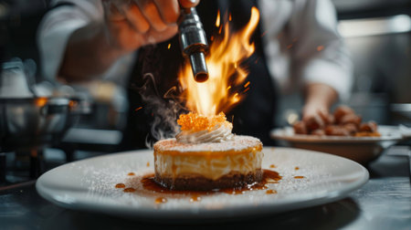 A close-up of a chef using a blowtorch to caramelize sugar on a dessertの素材
