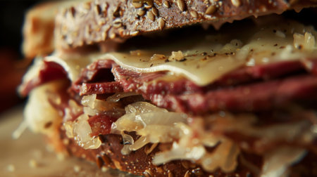 A close-up of a Reuben sandwich with corned beef, sauerkraut, and Swiss cheese on ryeの素材