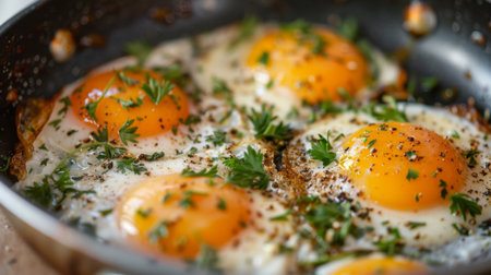 A close-up of a frying pan with eggs cooking, garnished with herbsの素材