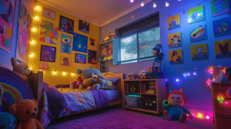A child's bedroom decorated with fairy lights, stuffed animals, and colorful artworkの素材