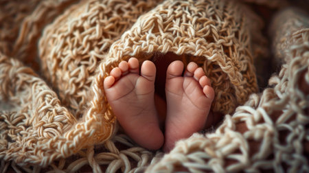 A close-up of a newborn baby's tiny toes peeking out from a blanketの素材