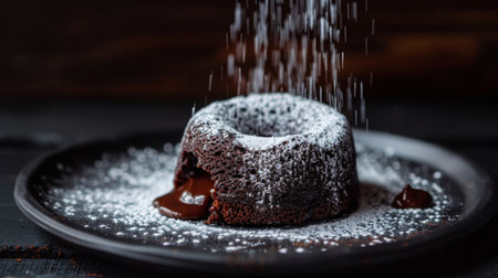 A decadent chocolate lava cake with a molten center, dusted with powdered sugarの素材