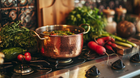 A copper pot simmering on a stove, surrounded by fresh vegetables and spicesの素材