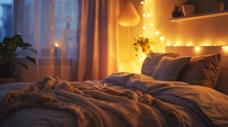 A cozy bedroom with a neatly made bed, soft pillows, and warm lightingの素材