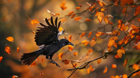 A crow perched on a tree branch, taking flight with leaves swirling around in autumnの素材
