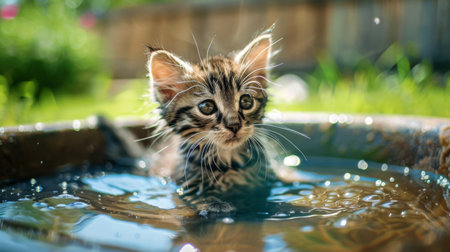 A kitten enjoying a shallow water pool, looking happy and wetの素材