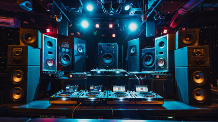A DJ's setup with powerful speakers and sound equipment at a nightclubの素材