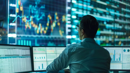 A financial analyst analyzing market trends and economic indicators on a large digital displayの素材
