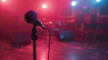 A dynamic microphone on a stand, ready for a live performance on stageの素材