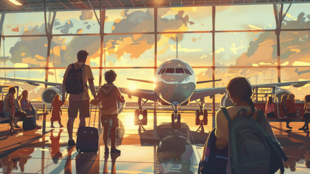 A family excitedly boarding a plane for their holiday adventure at a bustling airport terminalの素材