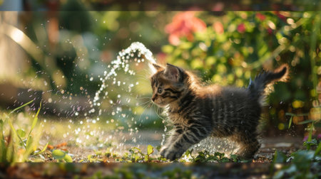 A kitten chasing a water stream from a hose in a garden, trying to catch the flowの素材