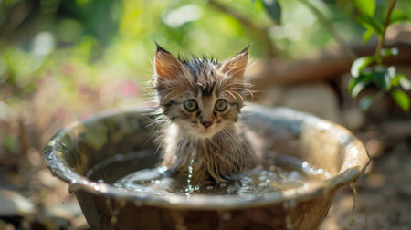 A kitten being carefully bathed in a small basin, enjoying the warm waterの素材