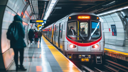 A modern subway train entering a station with commuters waiting on the platformの素材