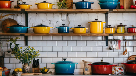 A kitchen with a set of colorful enamel pots and pans displayed on open shelvesの素材