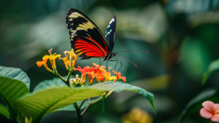 A macro shot of a colorful butterfly perched on a flower, feeding on nectarの素材