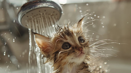 A kitten being rinsed off with a handheld showerhead, looking slightly surprisedの素材