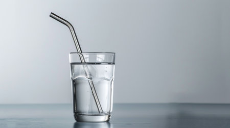 A glass of water with a metal straw, set against a minimalist backgroundの素材