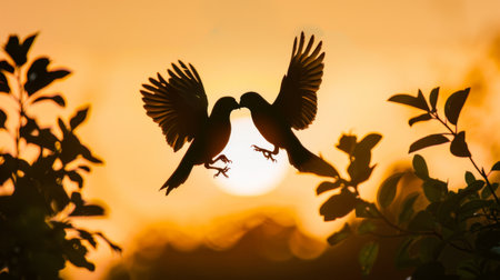 A pair of lovebirds flying together, their wings creating a heart-shaped silhouetteの素材