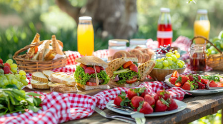 A picnic table set with an assortment of sandwiches, fresh fruit, and drinksの素材