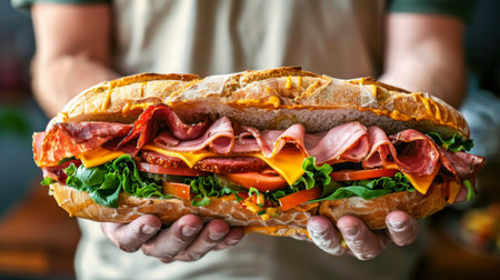 A person holding a large, stuffed sub sandwich filled with meats, cheeses, and vegetablesの素材