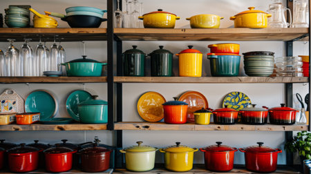 A kitchen with a set of colorful enamel pots and pans displayed on open shelvesの素材