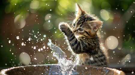 A kitten playing with water in a birdbath, splashing and having funの素材