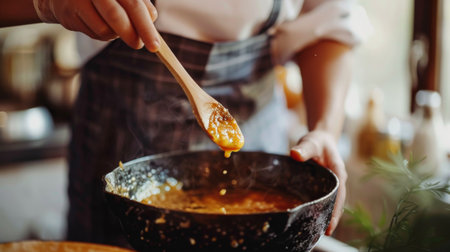A person tasting a sauce with a wooden spoon, checking for seasoningの素材