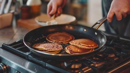 A person flipping pancakes in a non-stick frying pan on a stoveの素材