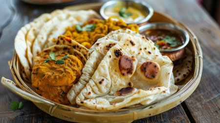 A platter of assorted Indian breads including roti, paratha, and puri, served with curryの素材