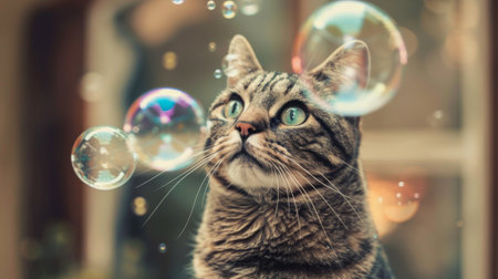 A cat with soap bubbles on its head, looking curious and calmの素材