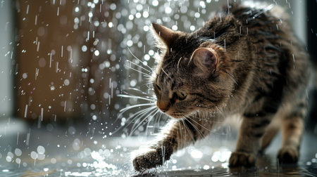 A cat batting at water droplets on a bathroom floor, its fur slightly wetの素材