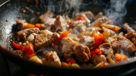 A close-up of a skillet with meat and vegetables being releasing appetizing aromasの素材