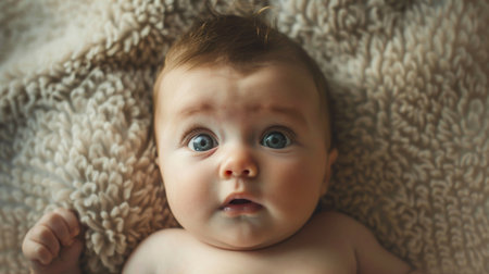 A newborn baby lying on their back, looking up with wide, curious eyesの素材